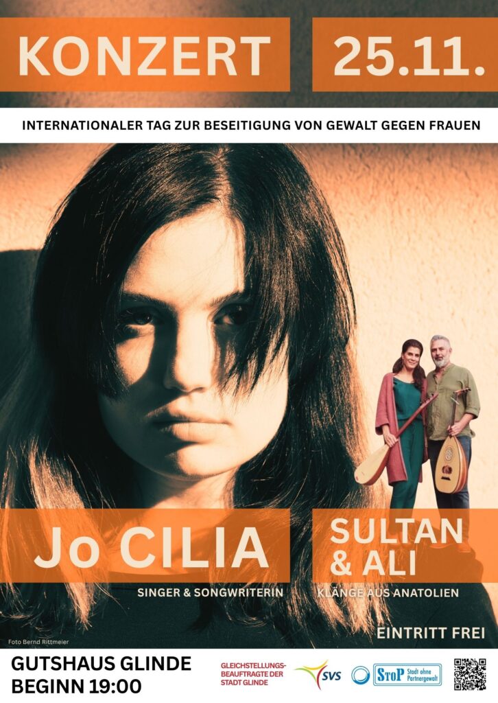 Poster für ein Konzert am 25.11. im Gutshaus Glinde anlässlich des Internationalen Tages zur Beseitigung von Gewalt gegen Frauen und Mädchen. Mit JuCilia und Sultan&Ali. Beginn 19 Uhr. Eintritt ist frei