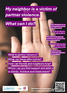 Mehrsprachiges Poster zu Informationen und Beratung im Umgang mit Partnergewalt.