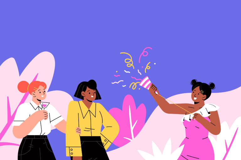 Drei Persoen lachen, eine hat Konfetti, eine ein Glas