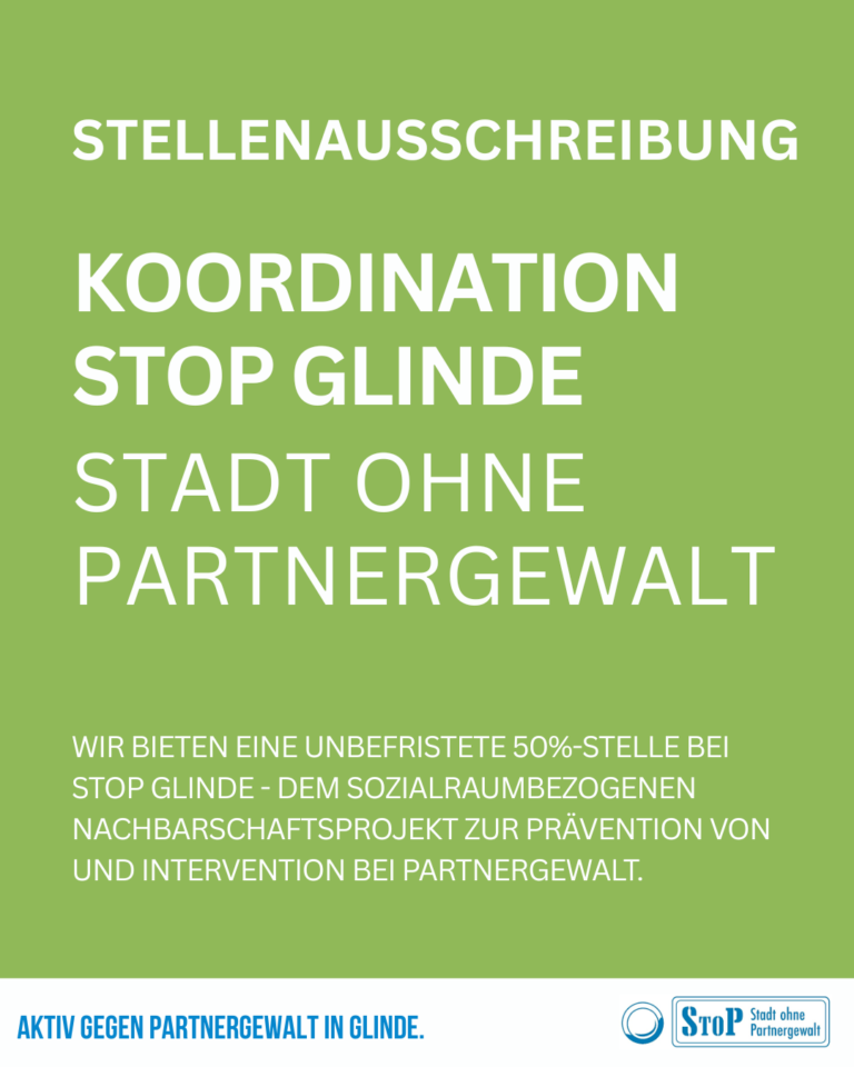 Grüne Kachel mit weißem Text "Stellenausschreibung - Koordination StoP Glinde Stadt ohne Partnergewalt" in der Fußleiste steht "Aktiv gegen Partnergewalt in Glinde" mit dem StoP Logo