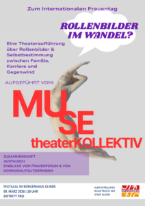 Bild vom Poster zur Theateraufführung mit einer Doppelhand und Orangenem und Lila schrift