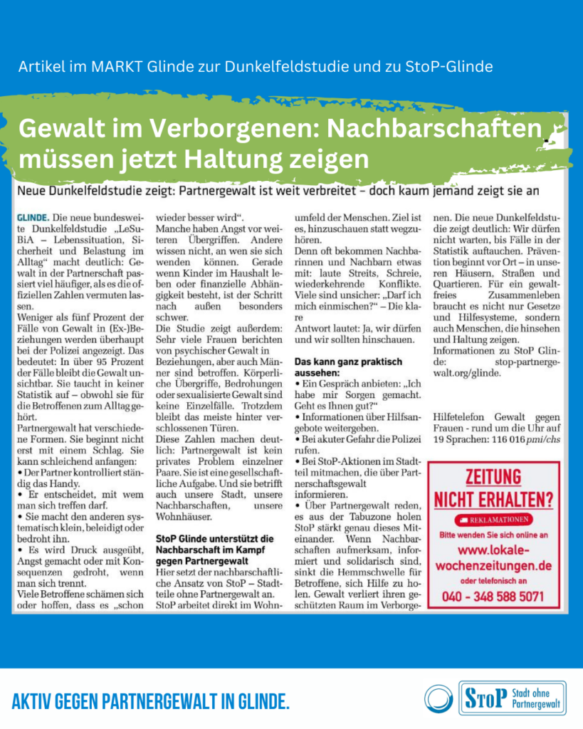 Screenshot vom Artikel über die Dunkelfeldstudie und StoP-Glinde aus dem aktuellen Glinder Markt vom 21.2.2026