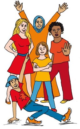 Es sind fünf Personen zu sehen. Vorne ist ein Junge, der den Arm nach oben streckt, in der Mitte steht ein Mädchen mit verschränkten Armen, rechts steht eine Frau mit dunkler Haut und hebt in einem Stop-Zeichen ihre Hand. Rechts stet eine blonde Frau, die die Hände in die Seiten gestemmt hat. Und hinten steht eine Frau mit Kopftuch, die ihre Arme fröhlich in die Luft streckt.