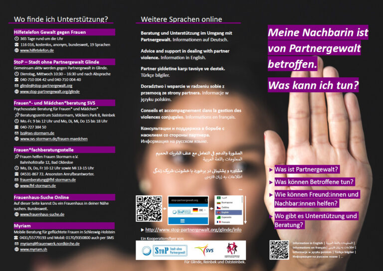 Vorderseite des Flyers "Meine Nachbarin ist von Partnergewalt betroffen. Was kann ich tun?"
