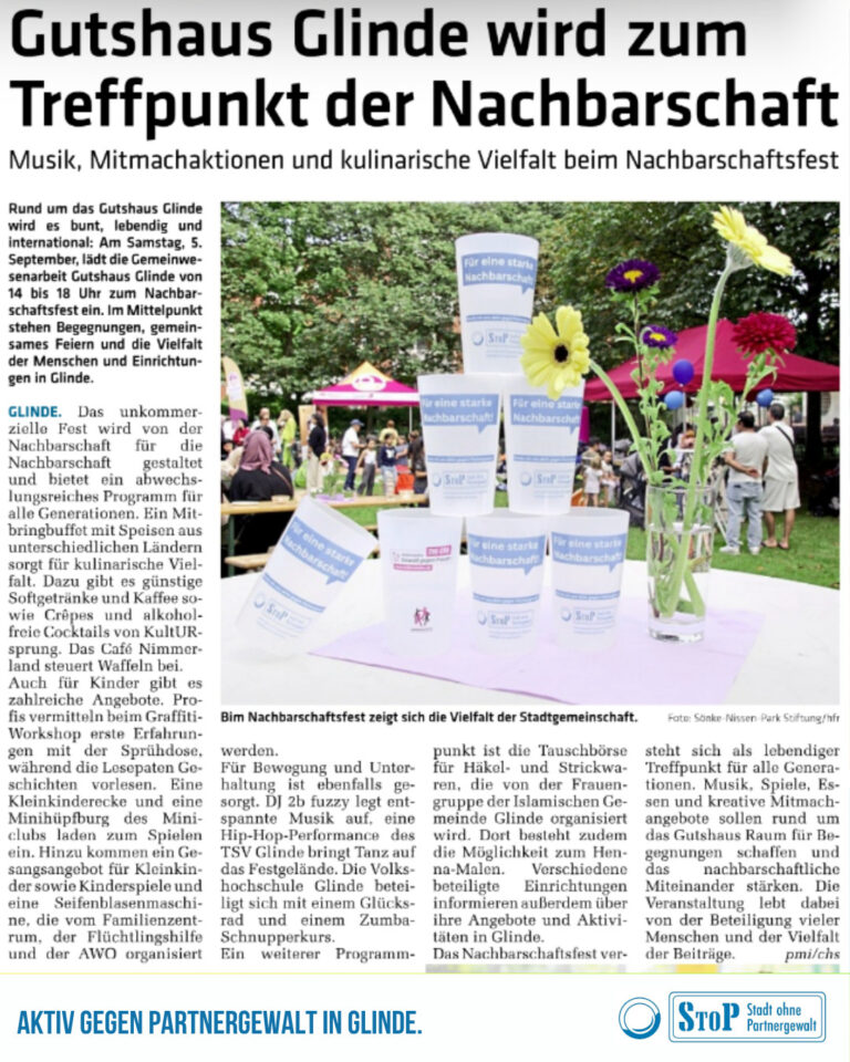 Presseartikel im Glinder Markt zum Nachbarschaftsfest 2026 auf der Wiese des Gutshaus Glinde.