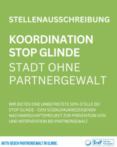 Grüne Kachel mit weißer Schrift: Stellenausschreibung - Koordination Stop Glinde - Stadt ohne Partnergewalt