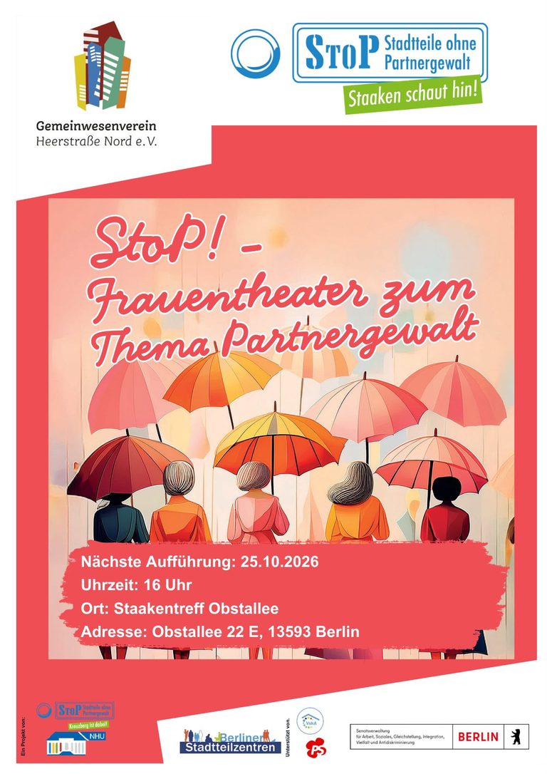 Mutiges Frauentheater von StoP in Staaken gegen Partnergewalt. Starke Geschichten, Solidarität. Komm vorbei